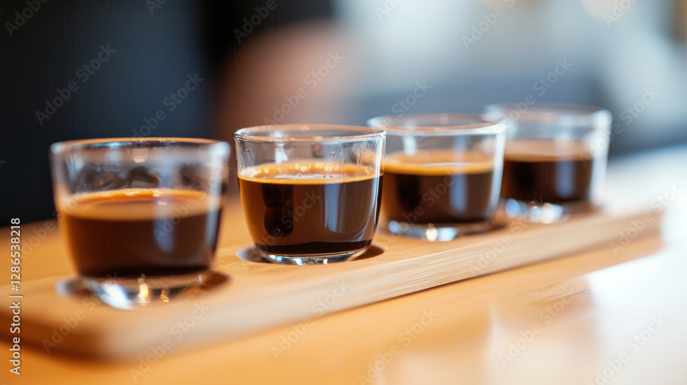 Four tasting glasses of coffee on wooden tray Four tasting glasses of coffee on wooden tray