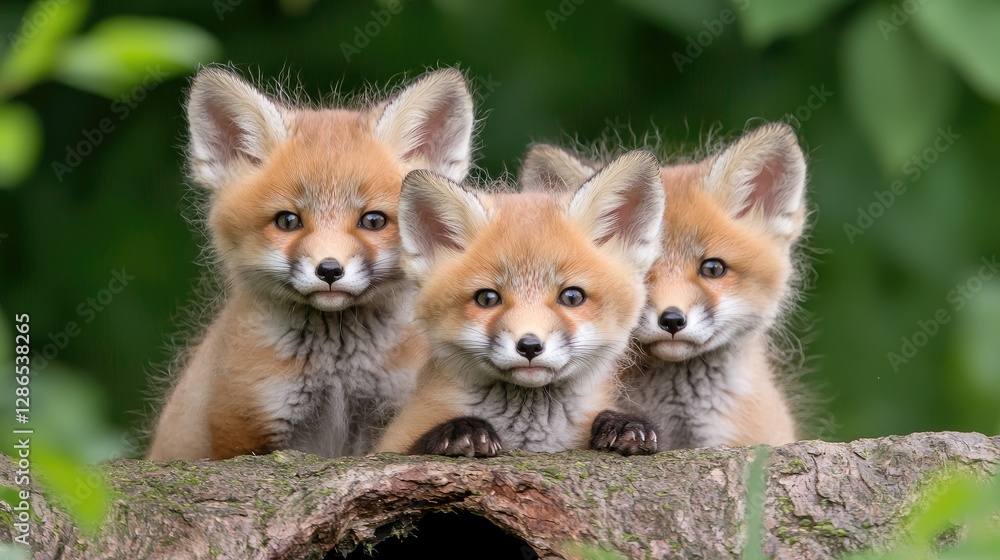Obraz premium Three adorable red fox kits on a tree stump