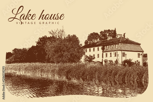 Rural landscape with house, lake and trees. Village and nature. Vintage brown and beige graphics, engraved, vector. Old retro design.