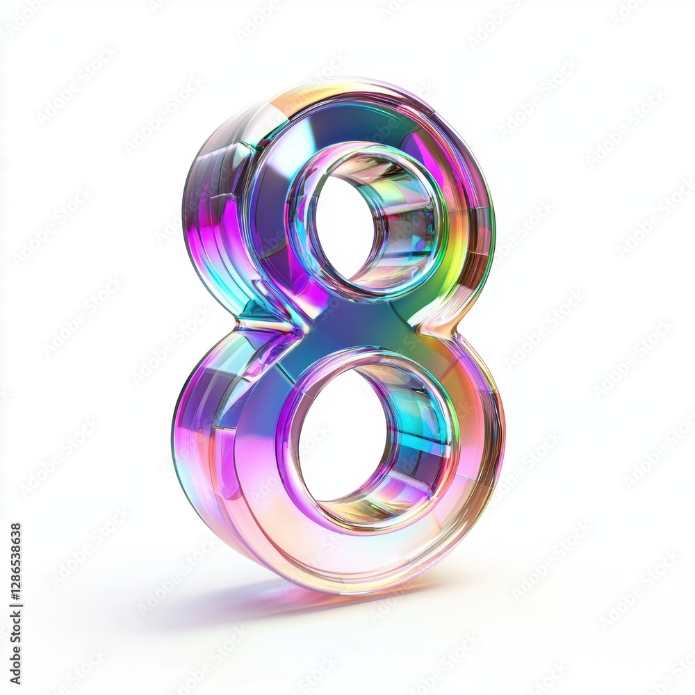 Number 8 made of iridescent holographic glass with prismatic reflections isolated on a clean white background Number 8 made of iridescent holographic glass with prismatic reflections isolated on a clean white background