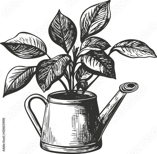 Monochrome sketch of a plant in a watering can with detailed leaves.
