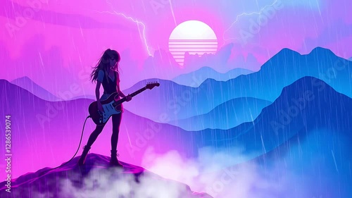 Wallpaper Mural Girl Playing Guitar in a Synthwave Landscape. Suitable for synthwave, retrowave, or electronic rock music. Seamless looping time lapse animation video background, lo-fi art. Torontodigital.ca