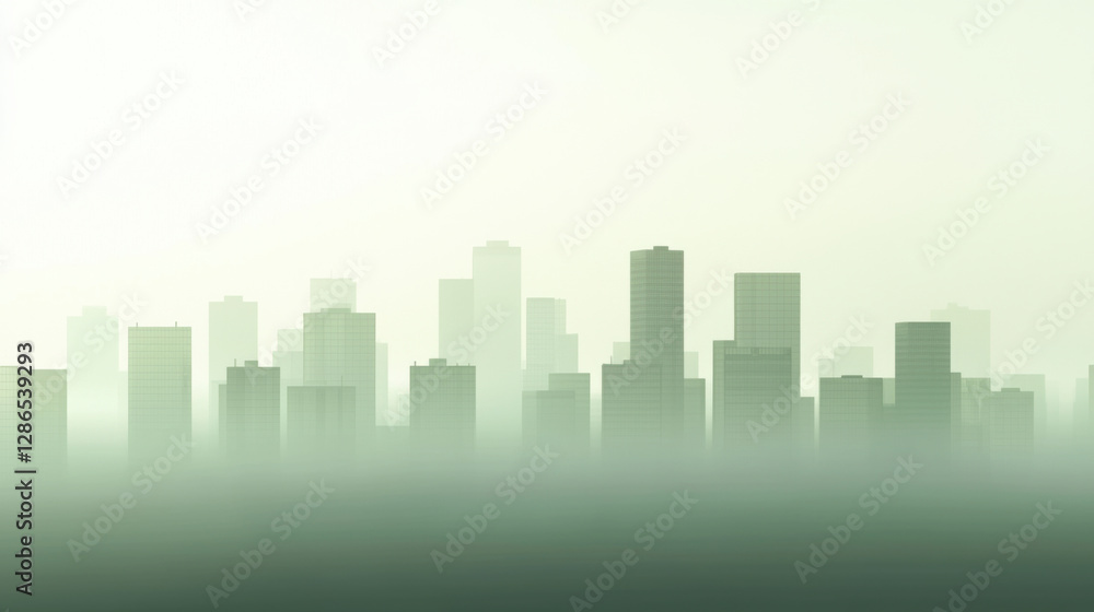 Foggy city skyline with dense pollution hovering over buildings Foggy city skyline with dense pollution hovering over buildings