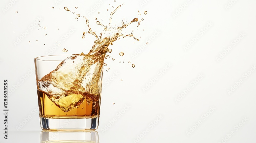 A golden whiskey splash erupts dramatically from a tilted glass, emphasizing movement and excitement on a clean white backdrop. A golden whiskey splash erupts dramatically from a tilted glass, emphasizing movement and excitement on a clean white backdrop.