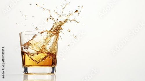 A golden whiskey splash erupts dramatically from a tilted glass, emphasizing movement and excitement on a clean white backdrop.