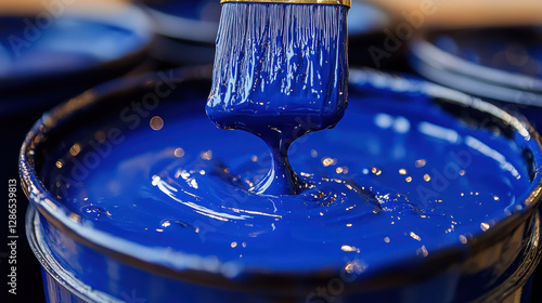 Blue paint is dripping from brush into open can, showcasing its rich texture and vibrant color, perfect for artistic projects