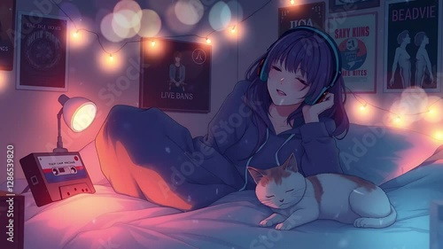 Wallpaper Mural Girl Listening to Music with Cat in Bedroom. Suitable for lo-fi hip hop, chillhop, or ASMR. Seamless looping time lapse animation video background, lo-fi art. Torontodigital.ca