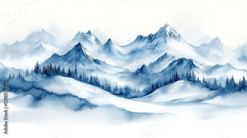 Wallpaper Mural serene watercolor landscape featuring blue mountains and evergreen trees, evoking tranquility and beauty Torontodigital.ca