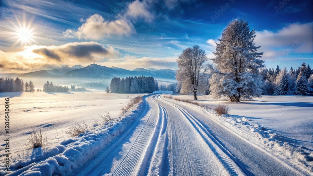 Fototapeta premium A serene winter landscape featuring a snow-covered road with deep tire tracks