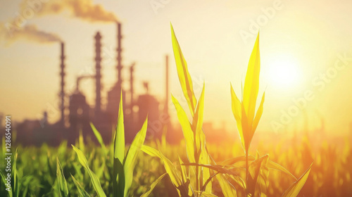 Industrial pollution affecting plant growth under sunlight photo