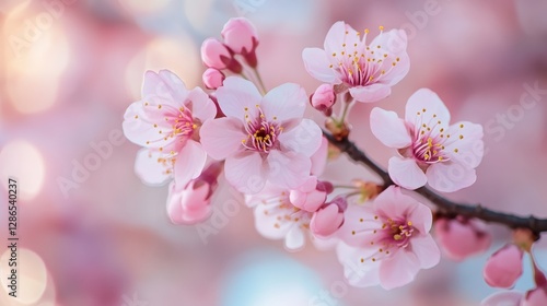 Delicate pink cherry blossoms in close-up view