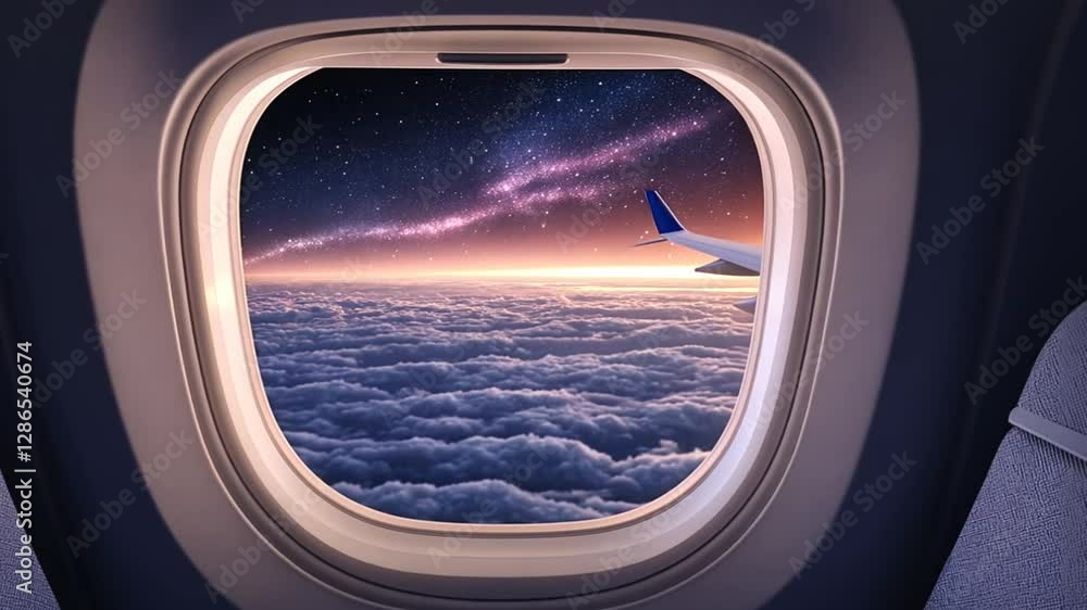 A plane window reveals the sky, clouds, and the dazzling Milky Way galaxy. A plane window reveals the sky, clouds, and the dazzling Milky Way galaxy.