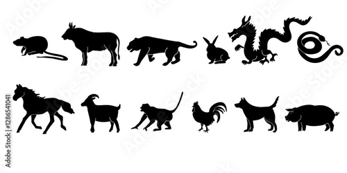 Animals silhouettes, chinese zodiac symbols. 12 signs for China New Years. Oriental horoscope, astrology mascots set, goat, monkey, boar, rabbit and rooster, snake, dragon, rat, bunny, hare, horse.