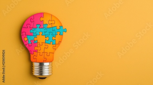 Solving a Puzzle with a Glowing Idea, Colorful puzzle light bulb on yellow background.