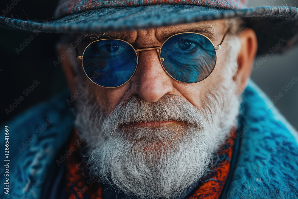 Senior man in hat and glasses with blue reflections. Wisdom and character Senior man in hat and glasses with blue reflections. Wisdom and character