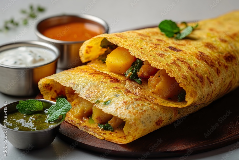 Crisp Golden Masala Dosa with Chutneys and Sambar on Banana Leaf – Gourmet Editorial Shot Crisp Golden Masala Dosa with Chutneys and Sambar on Banana Leaf – Gourmet Editorial Shot