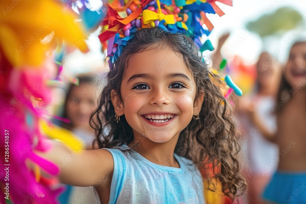  Joyful girl with colorful feathers in hair celebrating carnival, bright smile, vibrant background, festive energy, cultural tradition, cheerful, exciting atmosphere.