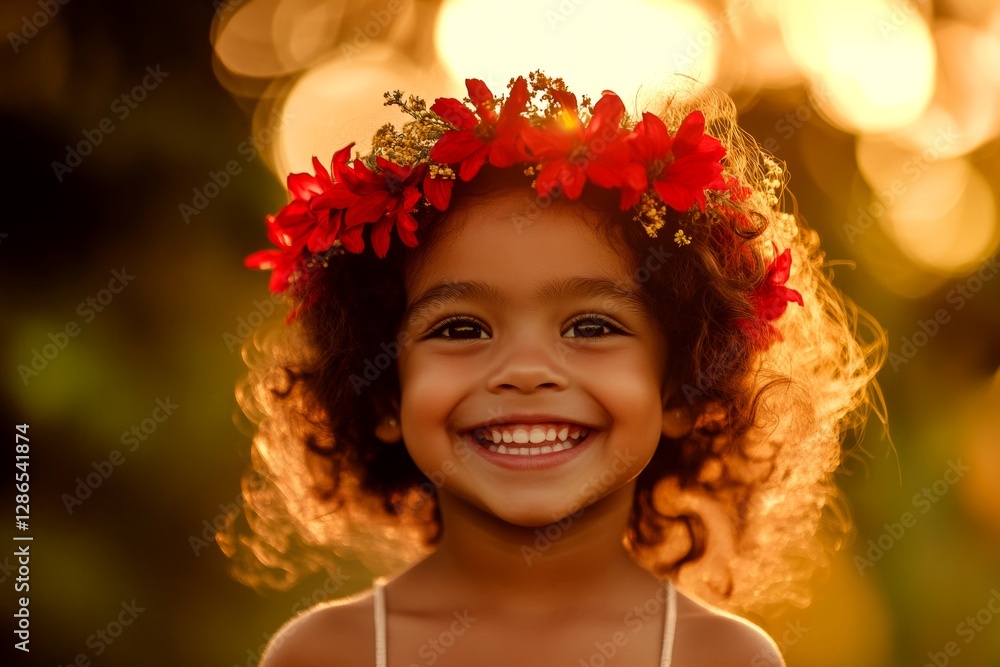 Happy brazilian infant girl wearing red flower circlet on her head. Happy summertime symbol. Golden hour in sunset. Boho-style floral wreath for girls. Joyful girl’s holiday experience. Happy brazilian infant girl wearing red flower circlet on her head. Happy summertime symbol. Golden hour in sunset. Boho-style floral wreath for girls. Joyful girl’s holiday experience.