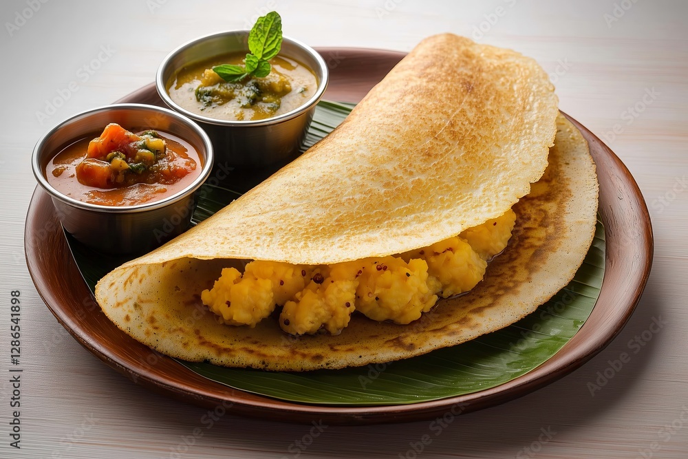 Crisp Golden Masala Dosa with Chutneys and Sambar on Banana Leaf – Gourmet Editorial Shot Crisp Golden Masala Dosa with Chutneys and Sambar on Banana Leaf – Gourmet Editorial Shot