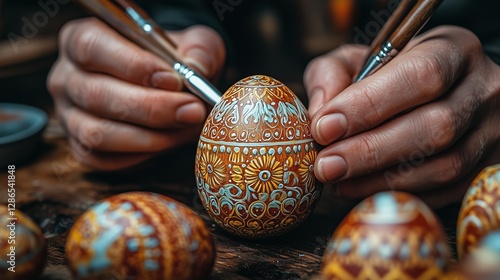 A close-up view of an artist meticulously painting an Easter egg with elaborate floral and geometric patterns. photo