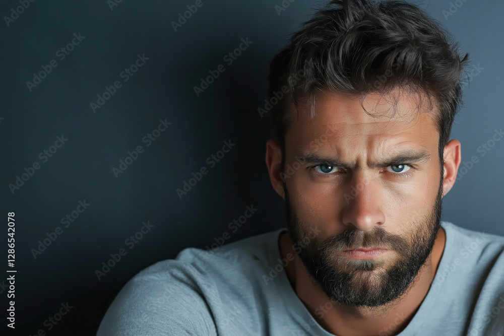 Bearded man with intense eyes in gray sweater. Male portrait concept Bearded man with intense eyes in gray sweater. Male portrait concept