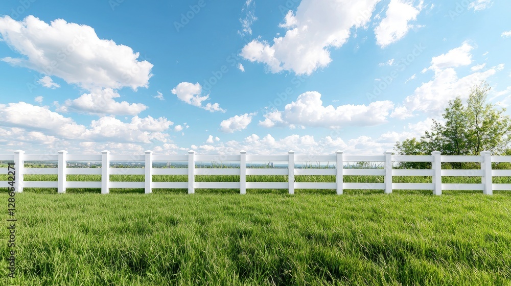 White fence, green field, blue sky, summer day, idyllic landscape White fence, green field, blue sky, summer day, idyllic landscape