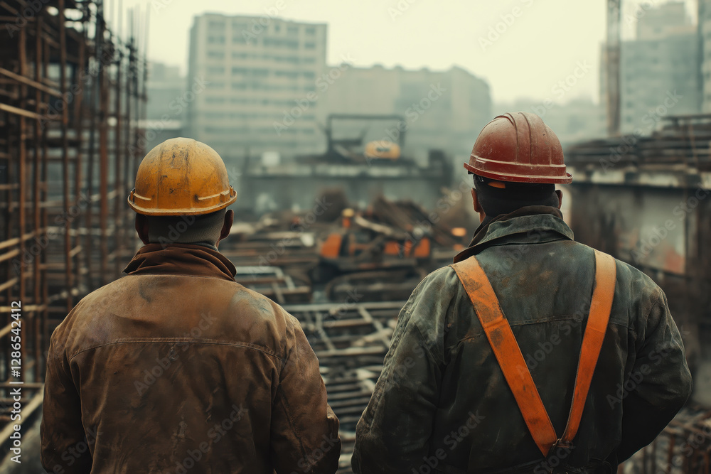 Construction workers overlooking building site. Industrial safety concept Construction workers overlooking building site. Industrial safety concept