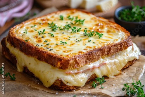 French Croque Monsieur sandwich with ham and melted cheese on toasted bread, garnished with herbs, showcasing comfort food.