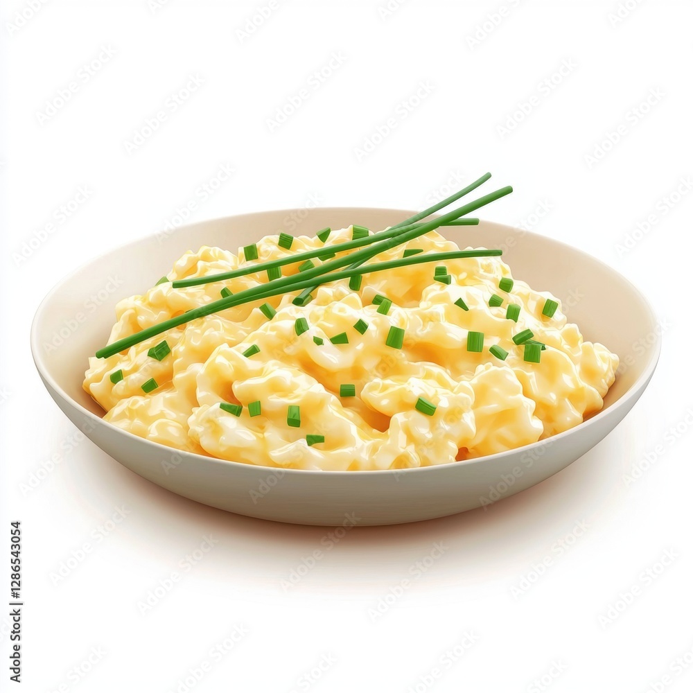 Plate of scrambled eggs with chives on top isolated on white background Plate of scrambled eggs with chives on top isolated on white background
