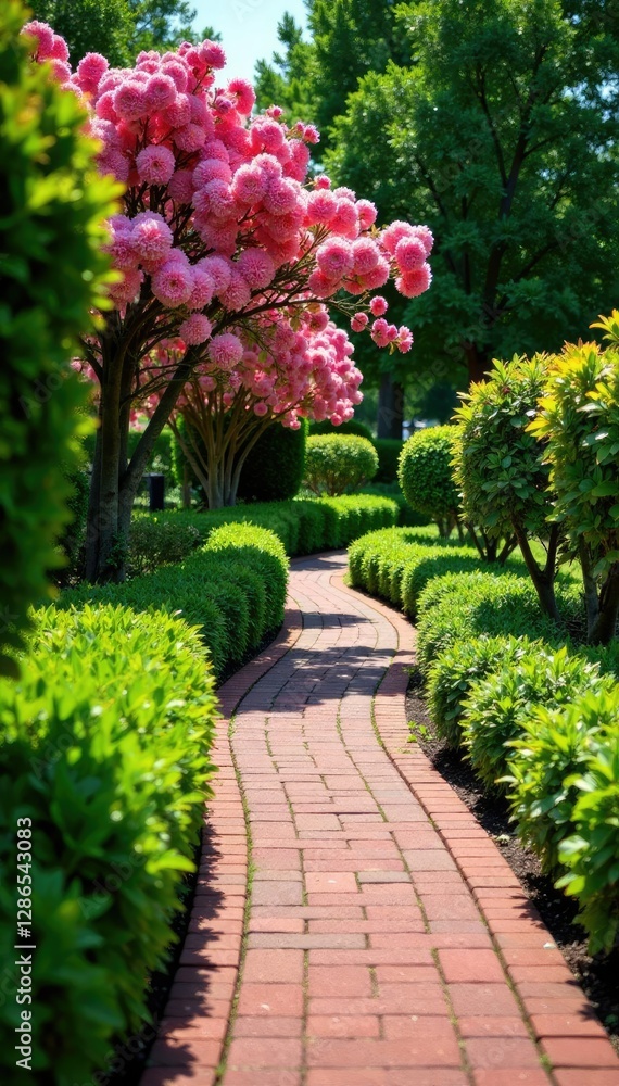 Obraz premium meandering brick walkway lined with blooming shrubs and trees, shrubs, garden bed, brickwork