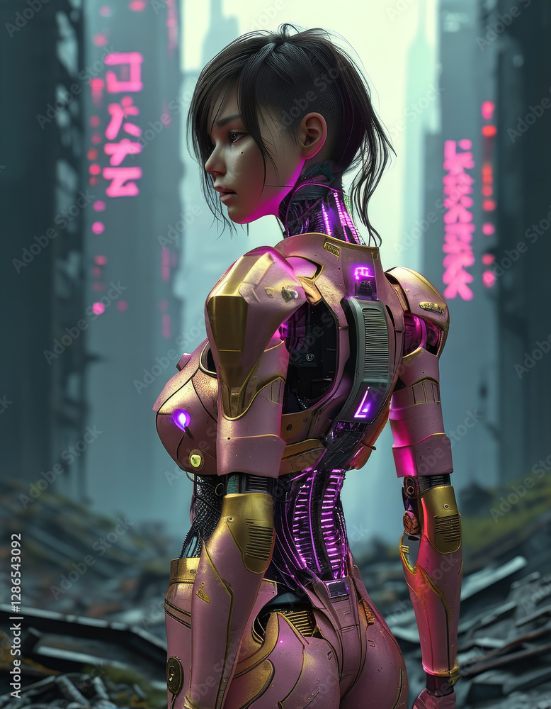 Naklejka premium female android robot futuristic pink-gold armour, futuristic war, ruins of an ancient cyberpunk city, cyberpunk metropolis, dystopian atmosphere, dramatic destroyed city, battle robot