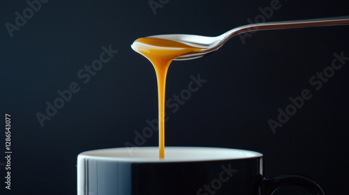 spoon drizzles coffee into black cup against dark background photo