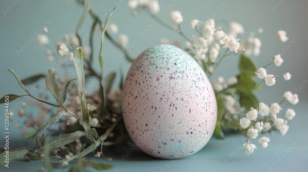 Fototapeta premium Pastel Easter egg with floral wreath in close-up