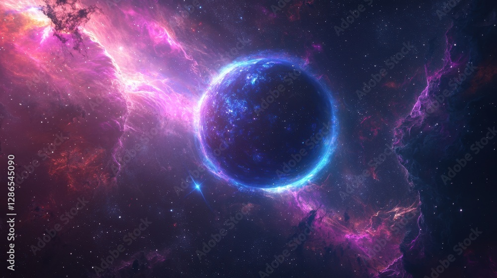 Fototapeta premium A hyper-detailed nebula ring encircles a distant planet, glowing with neon-colored cosmic energy