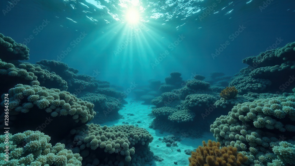 Naklejka premium Underwater view of bleached coral reef with sun rays filtering through clear ocean water 