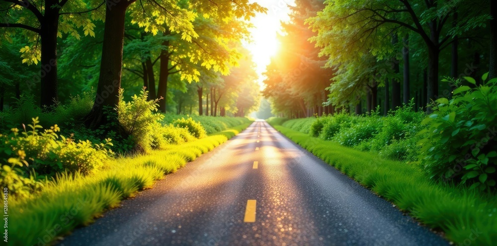 Fototapeta premium Roadside vegetation with sunlight filtering through, foliage, nature, sunlight