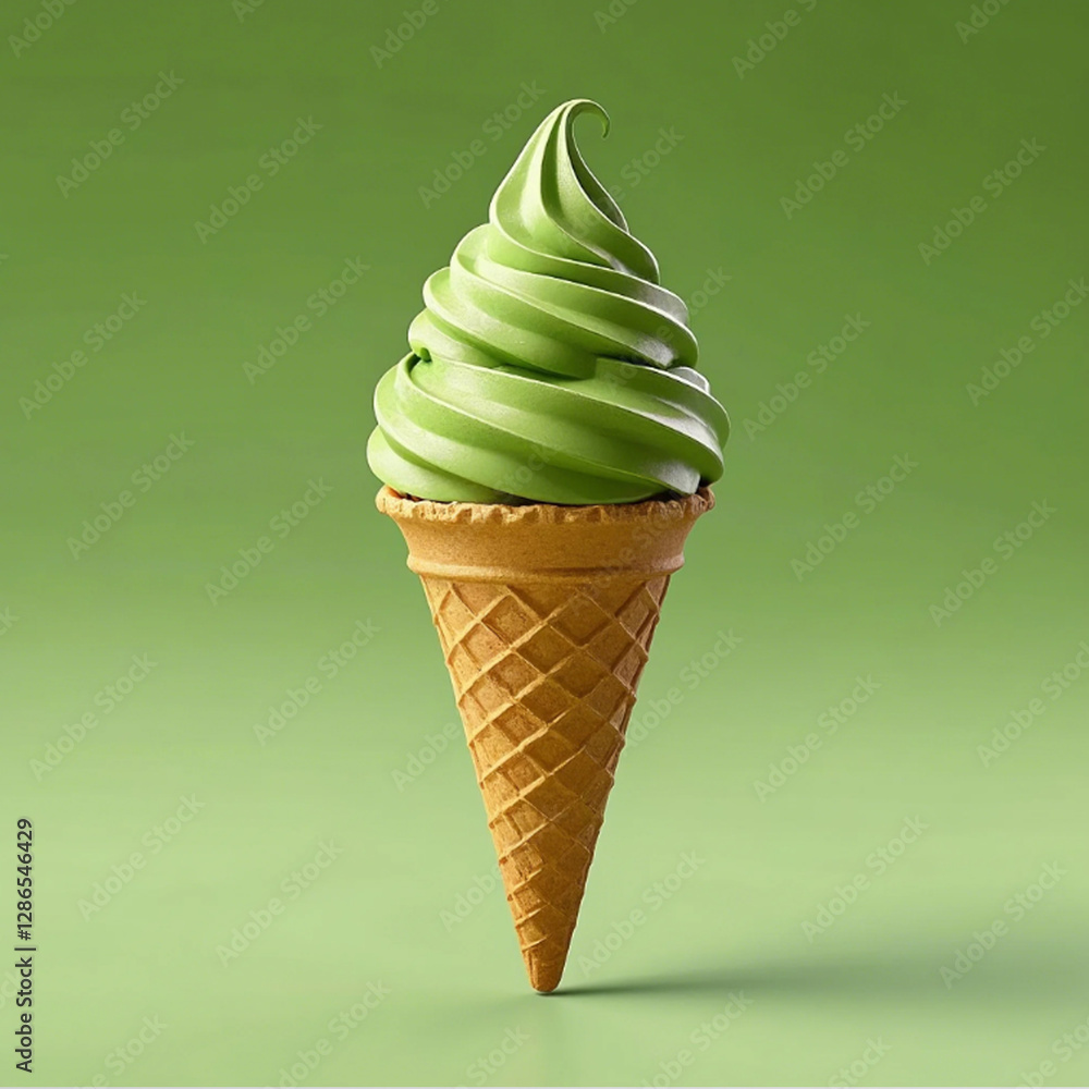 Green ice cream with brown cone, macha, greentea Green ice cream with brown cone, macha, greentea