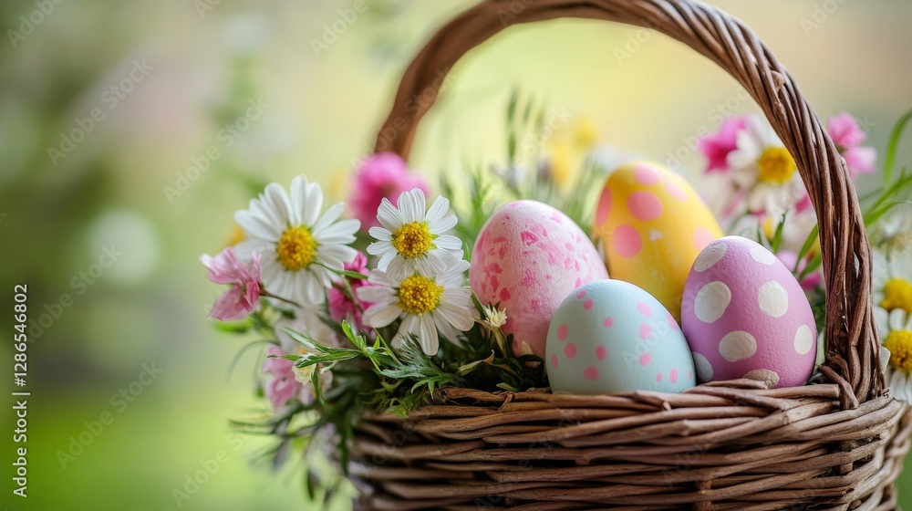 Wicker basket with painted Easter eggs and spring flowers Wicker basket with painted Easter eggs and spring flowers
