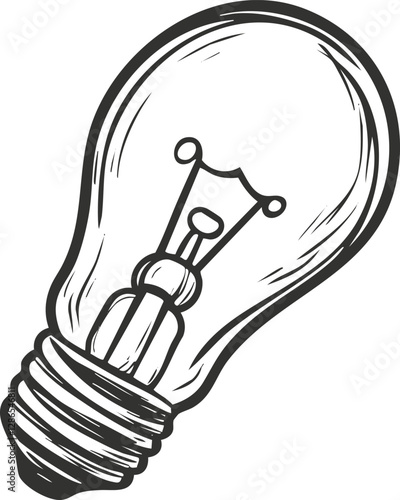 Black and white sketch illustration of a lightbulb with filament detail.