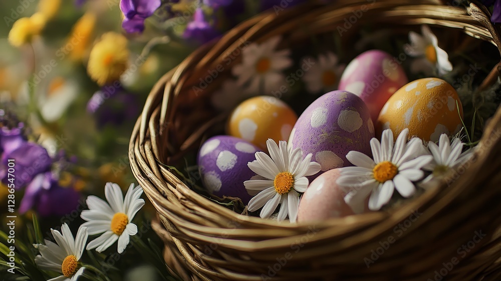 Fototapeta premium Wicker basket with painted Easter eggs and spring flowers