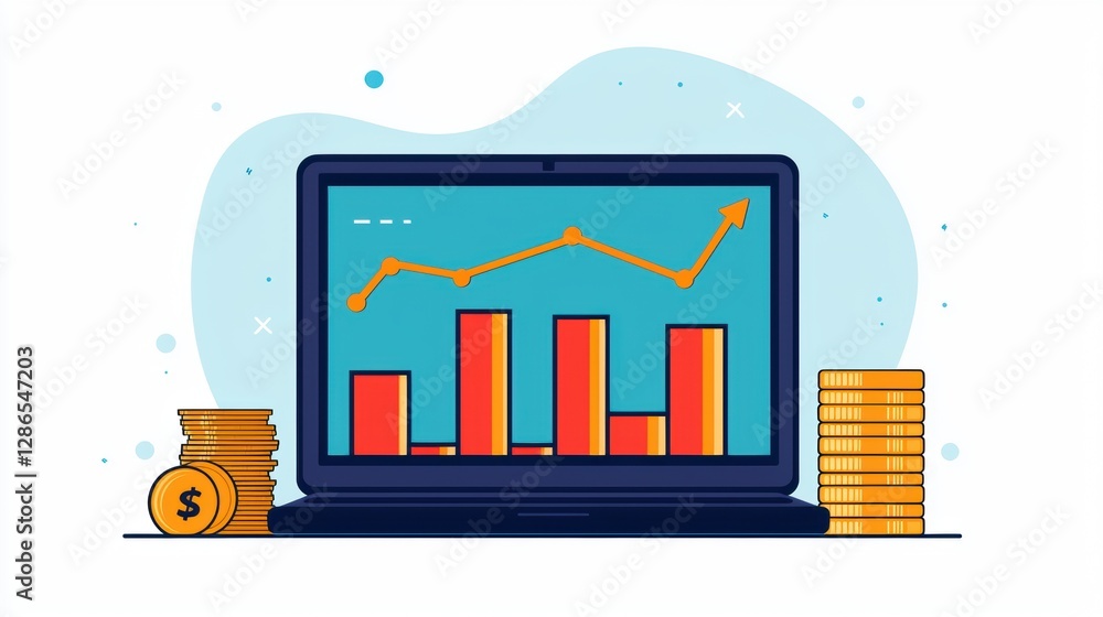 Computer Screen Displaying Financial Growth and Coin Stacks Illustration Computer Screen Displaying Financial Growth and Coin Stacks Illustration