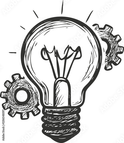 Hand-drawn illustration of a lightbulb with gears symbolizing innovation and ideas.