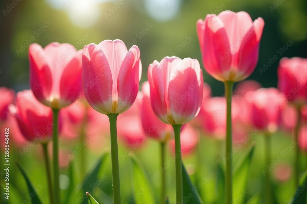 Soft petals of pink tulips gently swaying in spring breeze, Blooming, Warm weather, Garden Soft petals of pink tulips gently swaying in spring breeze, Blooming, Warm weather, Garden