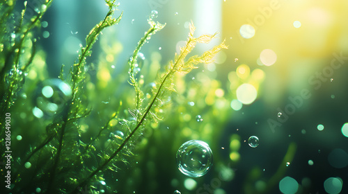 green seaweed ulva lactuca algae swing underwater with bubbles.