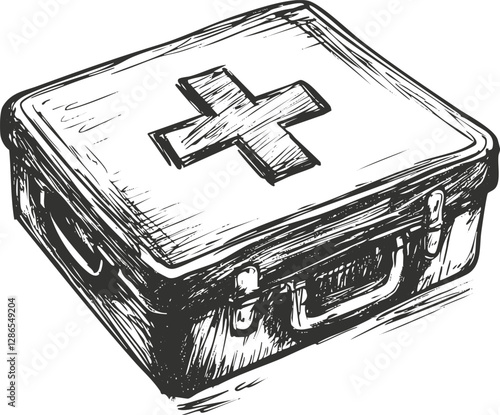 Hand-drawn first aid kit with a cross symbol on the lid.