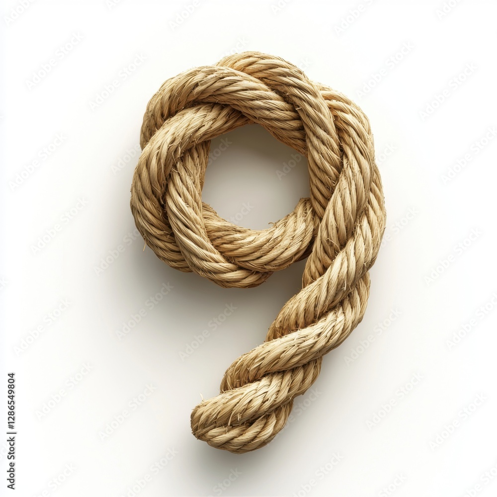 Of the number 9 made of twisted rope fibers in natural beige tones with visible rough strands, isolated on a clean white background Of the number 9 made of twisted rope fibers in natural beige tones with visible rough strands, isolated on a clean white background