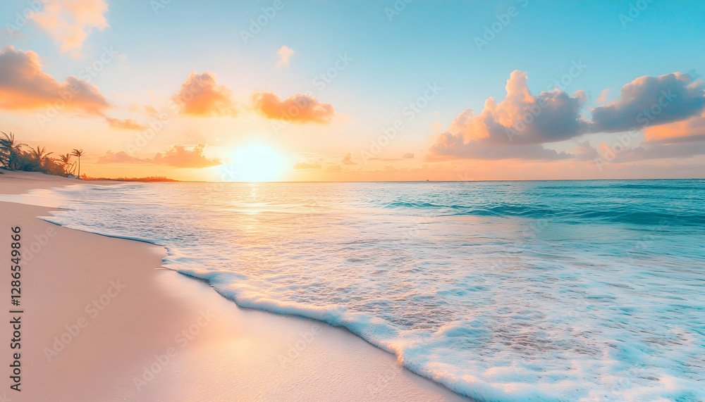 Obraz premium Tropical Beach Sunrise Photo - Ocean, Waves, Sand, Sky, Clouds, Palm Trees, Coast, Island, Sunset, Vacation