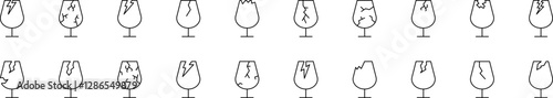 Broken Glass Line Icon Set. Outline Signs for Graphic and Web Design, Apps, Adverts, Various Cards