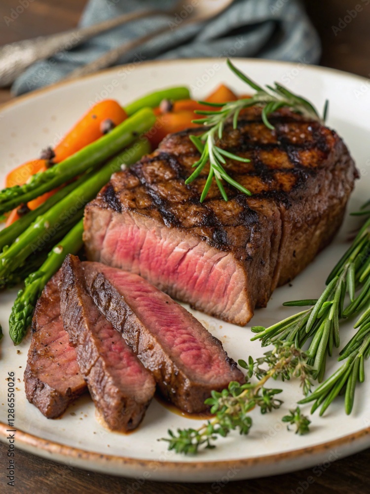 A close-up of a perfectly grilled steak with herbs and vegetables on the side.
A close-up of a perfectly grilled steak with herbs and vegetables on the side.