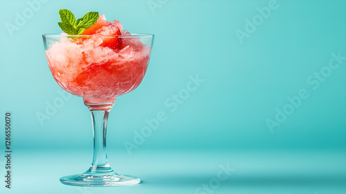Watermelon slushie or strawberry granita cocktail with mint in glass on trendy blue background, copy space.